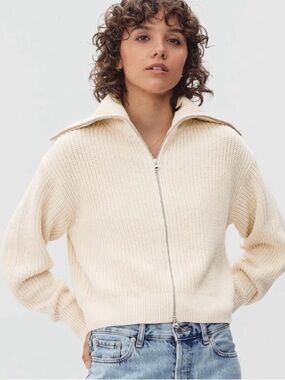 Everlane Full-Zip Sweater Everyday Organic Cotton Cardigan Chunky Large Ivory